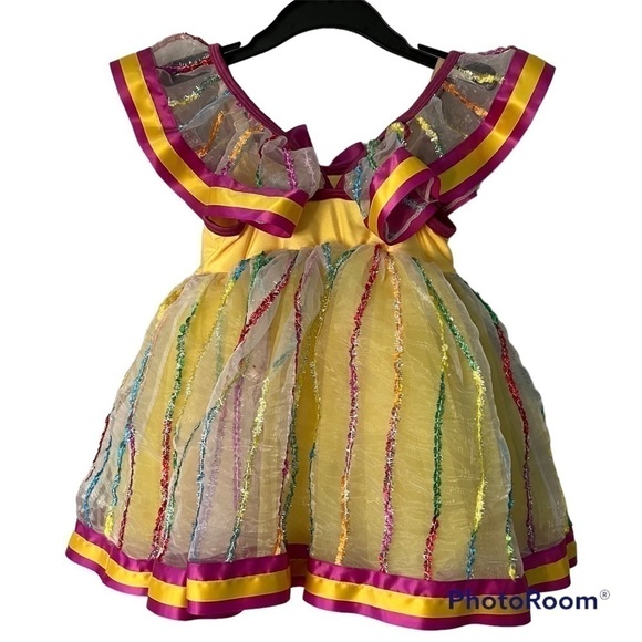 Revolution dance wear yellow & pink outfit costume, MC, 2 hair bows, lace trim. - Picture 2 of 16